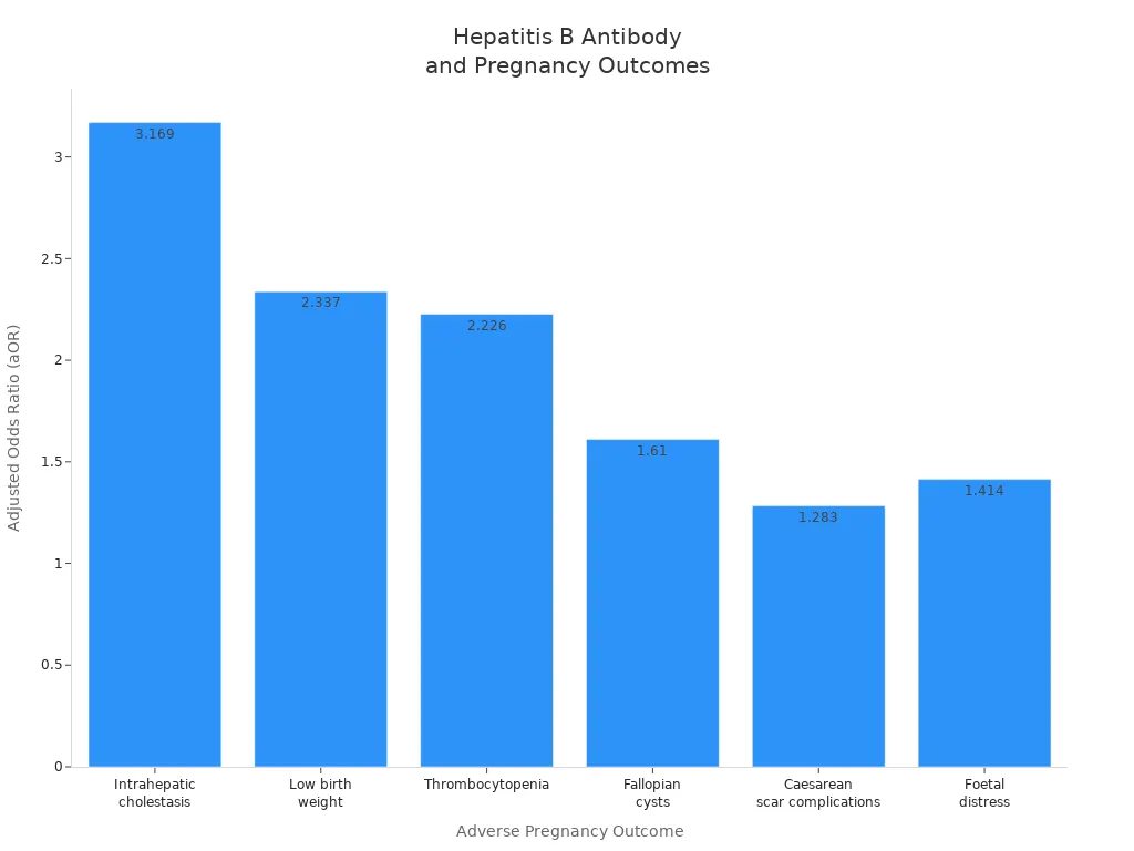 Bar chart showing adjusted odds ratios for adverse pregnancy outcomes associated with hepatitis B surface antibody reactivity